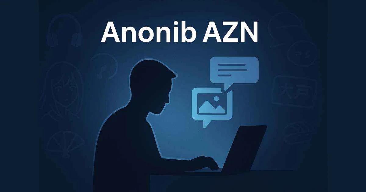 a man on his laptop with blue background and text above his head saying "Anonib Azn"