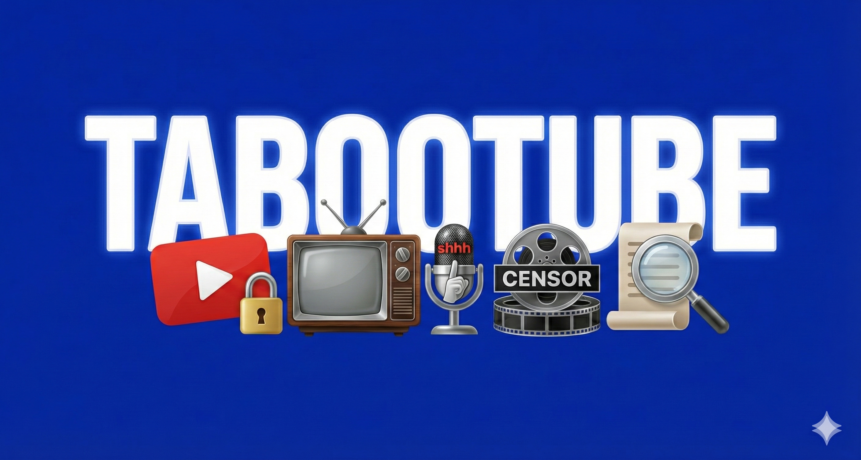 blue color background with tabootube written on it and some images of youtube logo old tv mic film role and script over the text