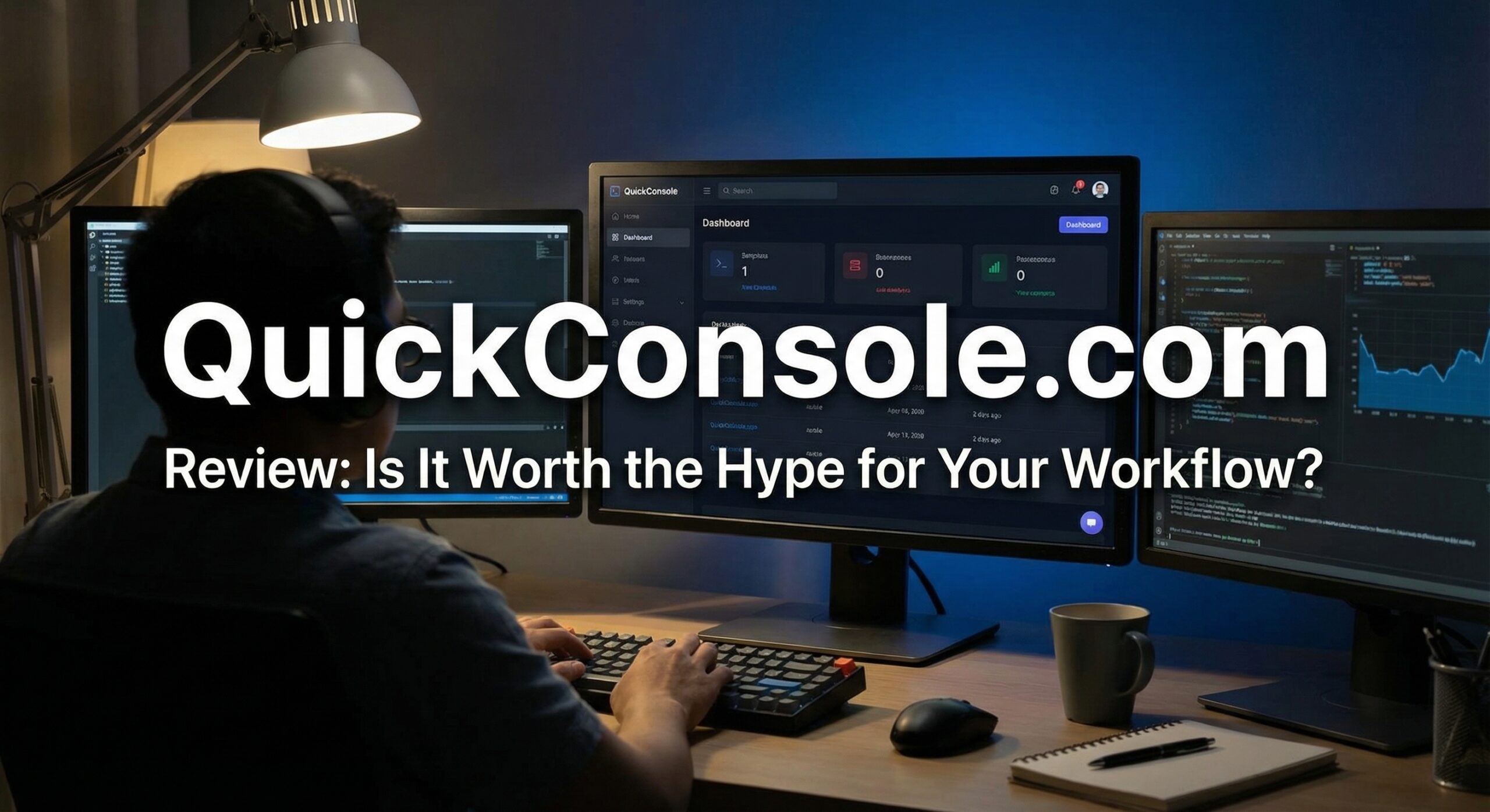 A professional developer using the QuickConsole.com command line interface on a multi-monitor workstation to execute a 'deploy-staging' command, illustrating efficient workflow automation.