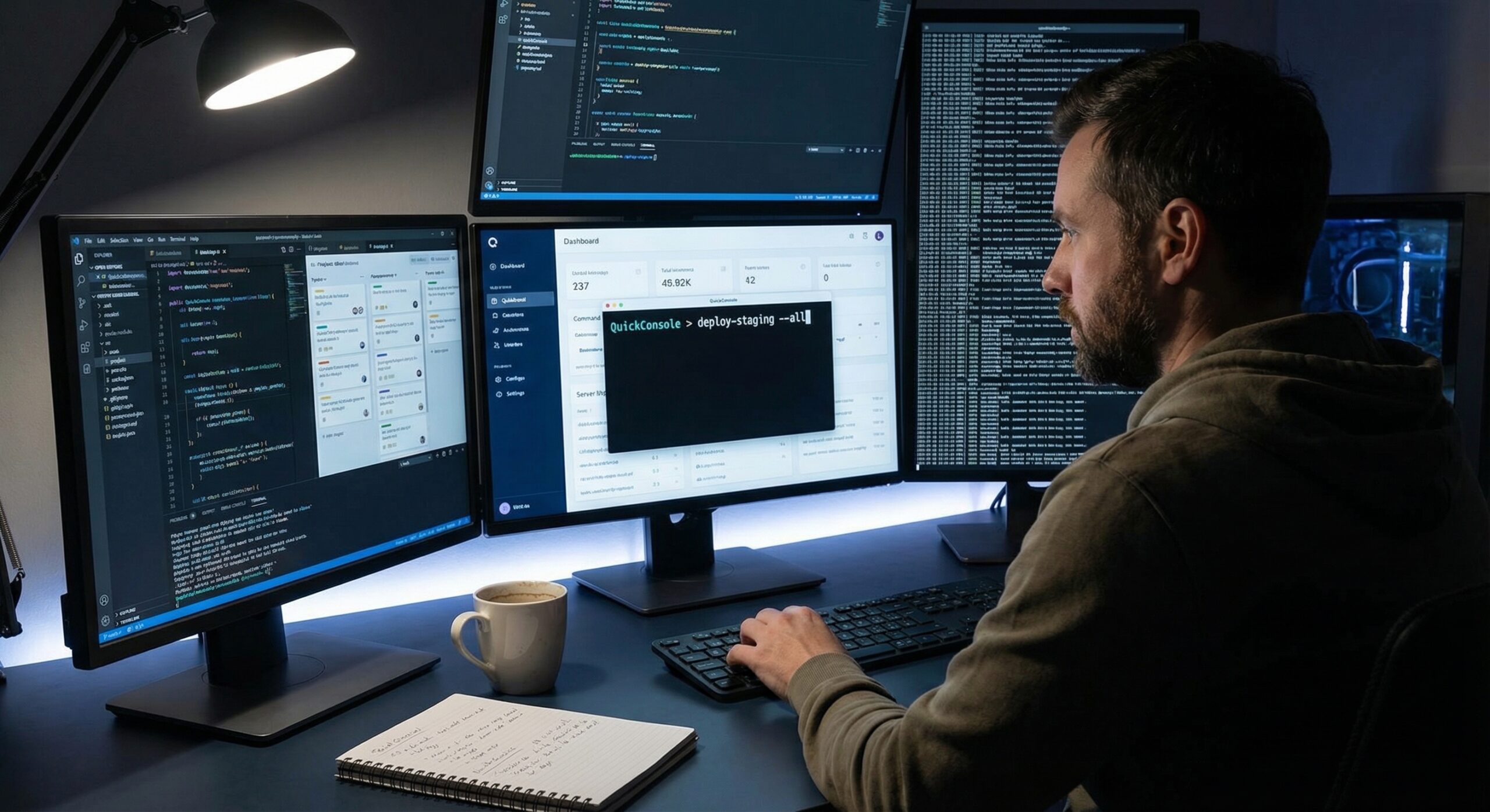 A developer working at a multi-monitor desk setup, using the QuickConsole.com command palette on the central dashboard to execute a 'deploy-staging' workflow command.