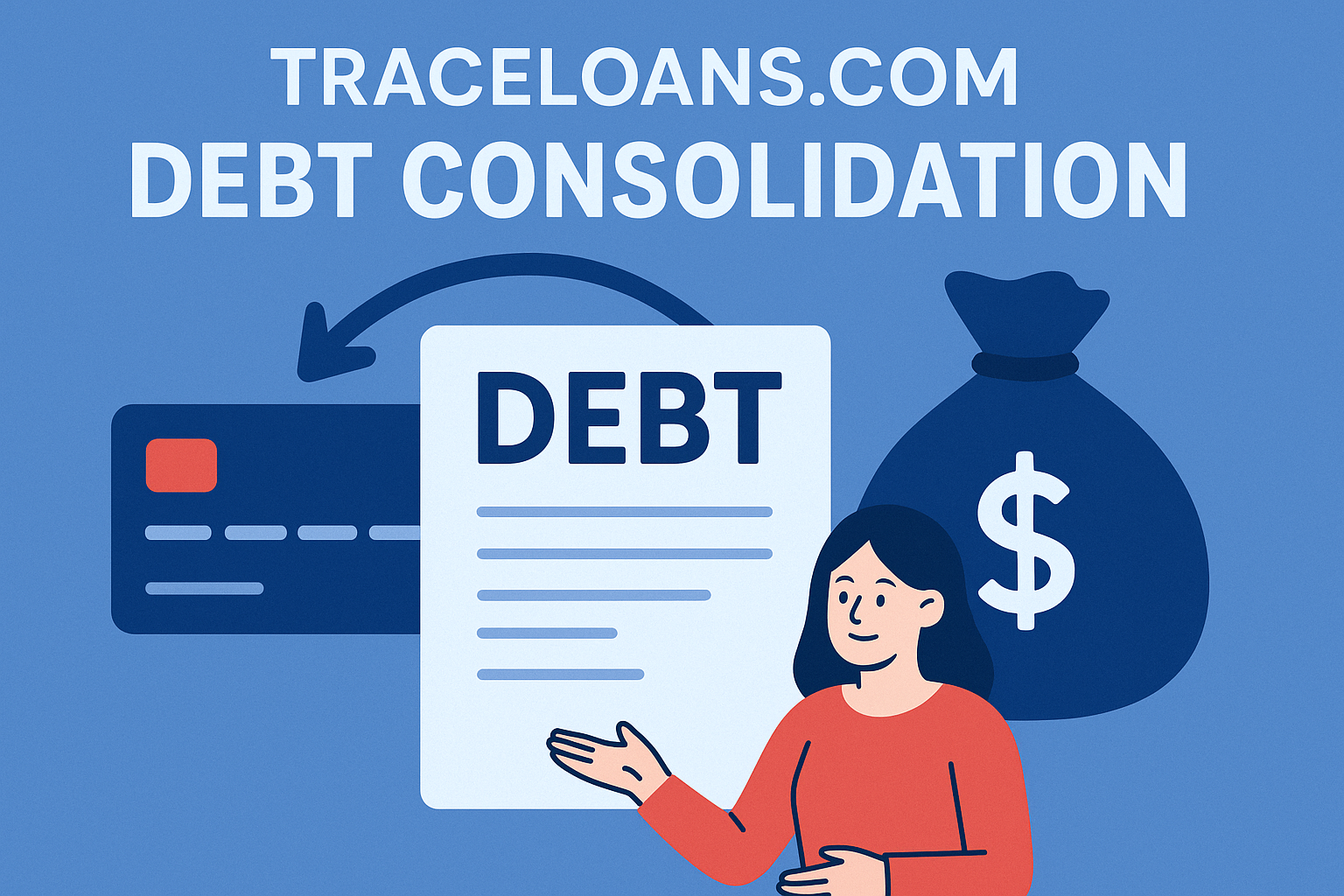 A graphic for traceloans.com debt consolidation, showing a woman, a credit card, a 'DEBT' paper, and a money bag.